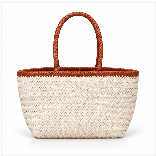Ivory Woven Tote With Brown Handles