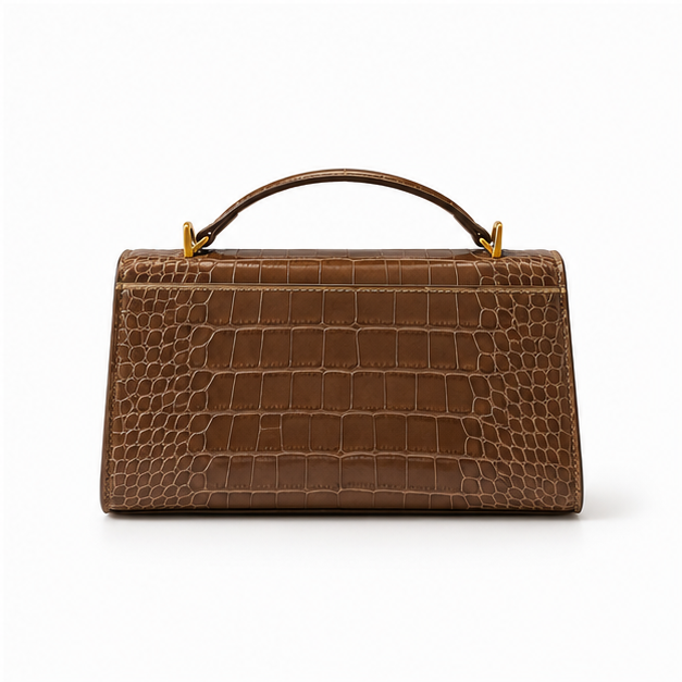 Crocodile Embossed Structured Brown Top Handle