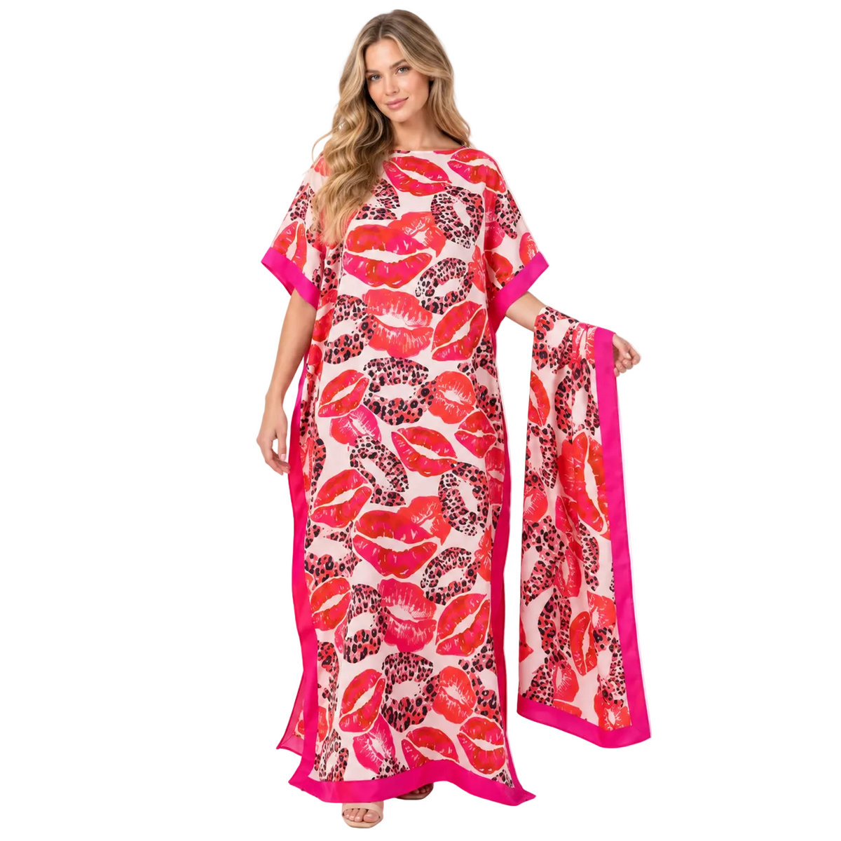Pink Lip Print Silk Satin Kaftan