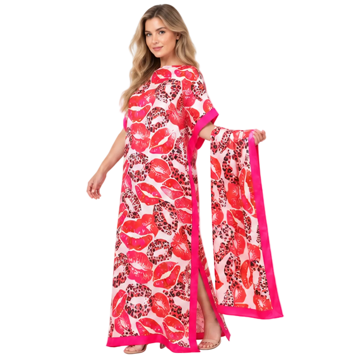 Pink Lip Print Silk Satin Kaftan