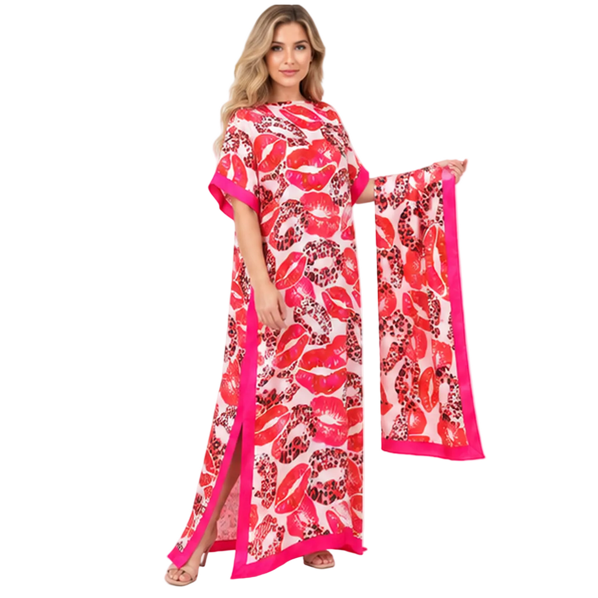 Pink Lip Print Silk Satin Kaftan