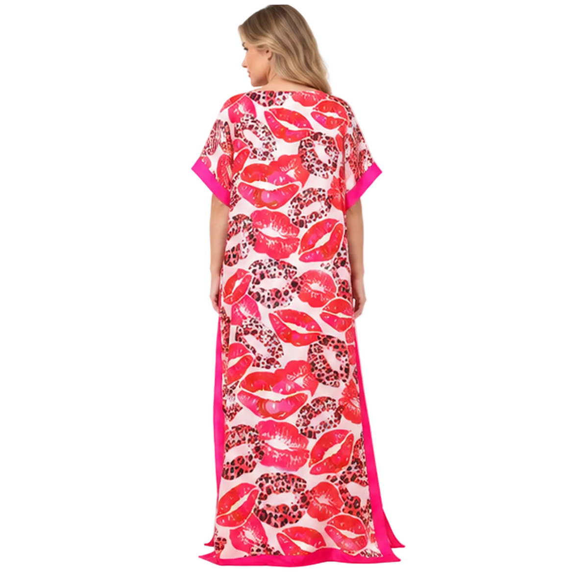 Pink Lip Print Silk Satin Kaftan