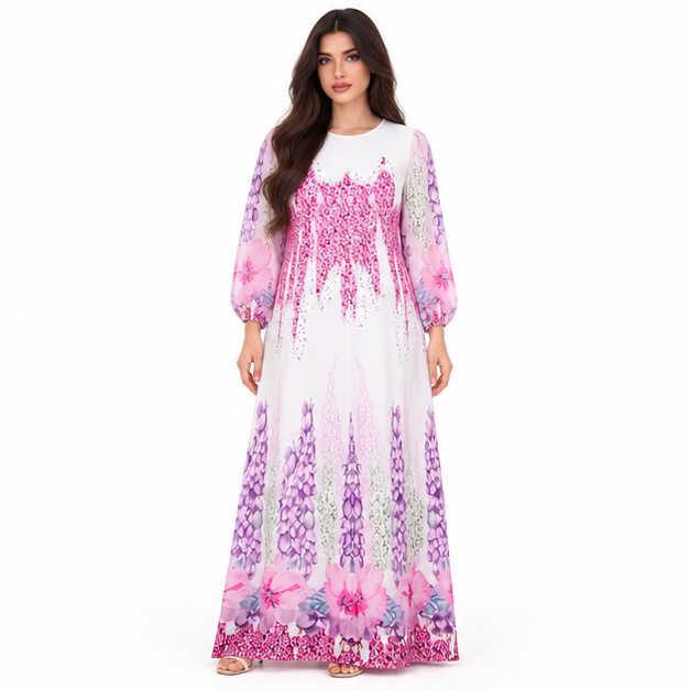 White Kaftan With Rose Red Florals