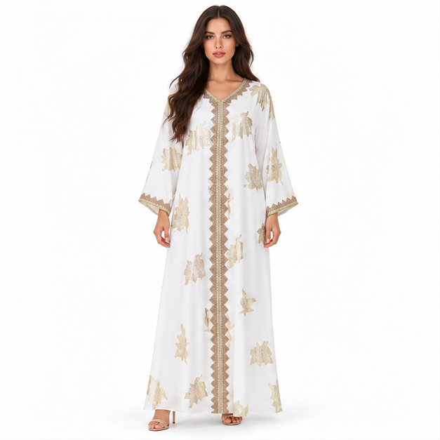 White Kaftan With Elegant Gold Embroidery