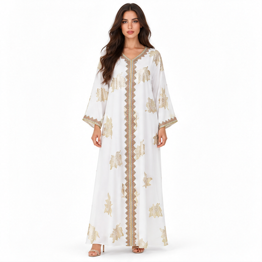 White Kaftan With Elegant Gold Embroidery