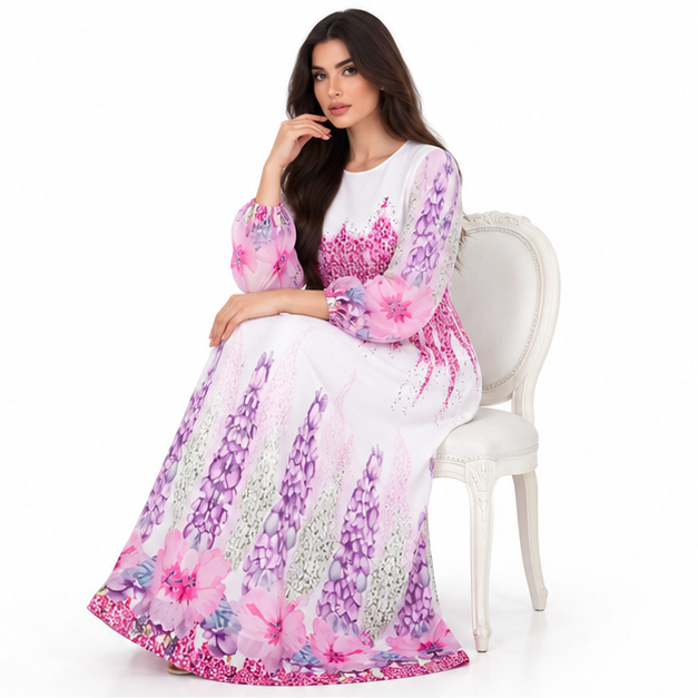 White Kaftan With Rose Red Florals