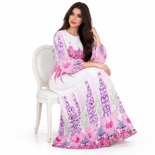 White Kaftan With Rose Red Florals