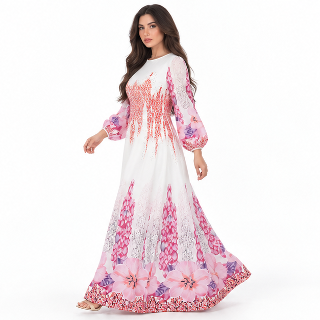 White Kaftan With Elegant Floral Patterns