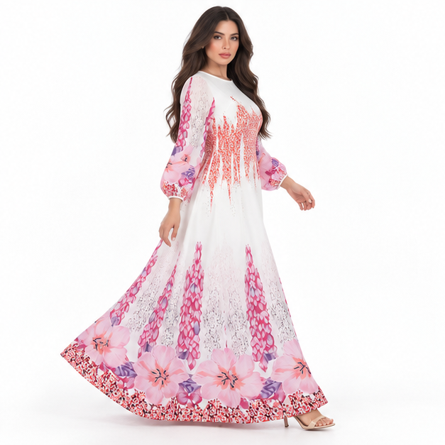 White Kaftan With Elegant Floral Patterns