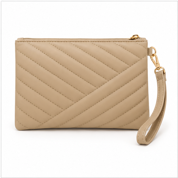 Khaki Quilted Chevron Wristlet Clutch Bag
