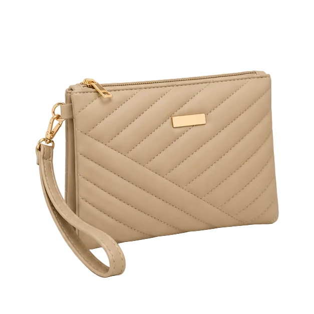 Khaki Quilted Chevron Wristlet Clutch Bag