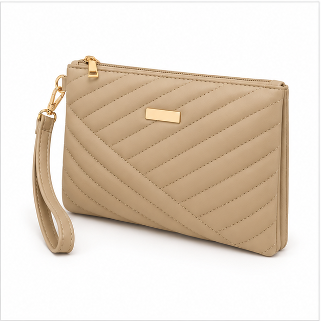 Khaki Quilted Chevron Wristlet Clutch Bag