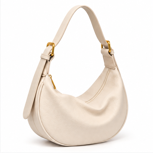 Beige Crescent Pebbled Leather Shoulder Bag