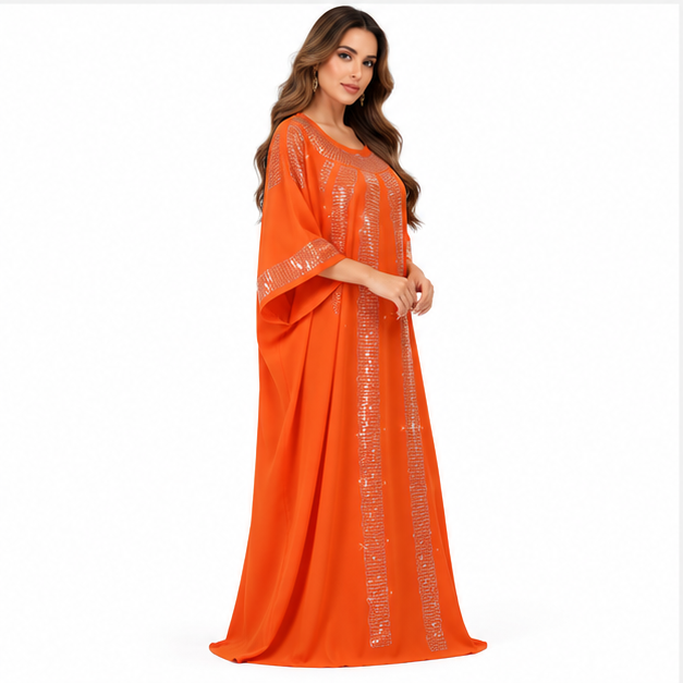 Orange Silver Embellished Sequin Baju Kaftan