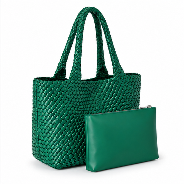 Dark Green Woven Tote Matching Pouch