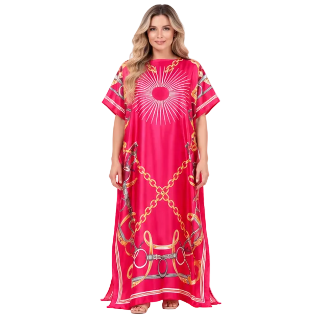 Elegant Red Chain Print Silk Satin Kaftan