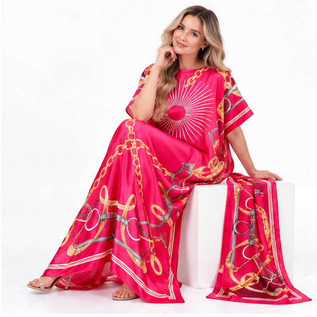 Elegant Red Chain Print Silk Satin Kaftan