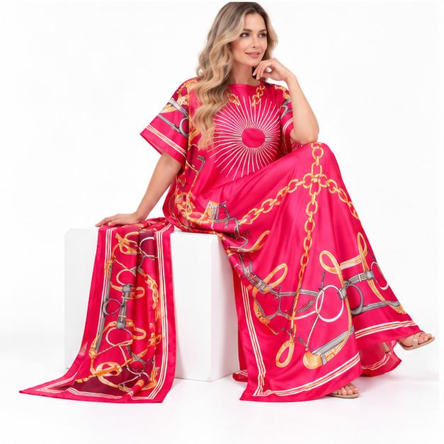 Elegant Red Chain Print Silk Satin Kaftan