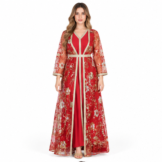 Elegant Red Floral Sequin Embroidered Kaftan