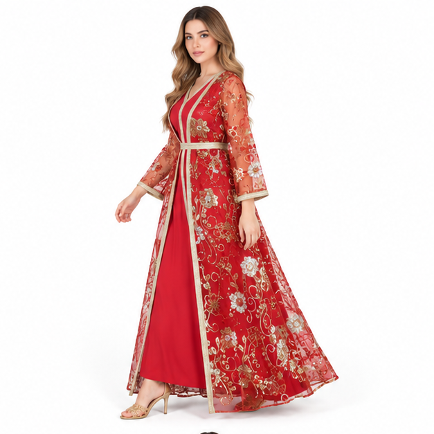 Elegant Red Floral Sequin Embroidered Kaftan