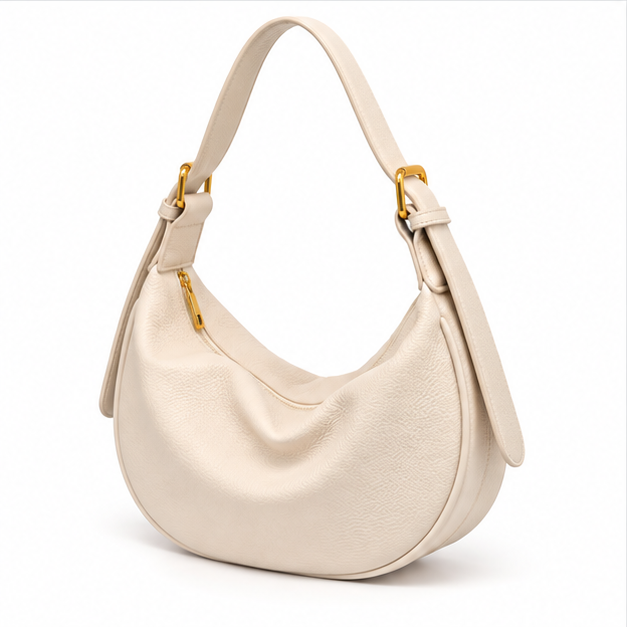 Beige Crescent Pebbled Leather Shoulder Bag