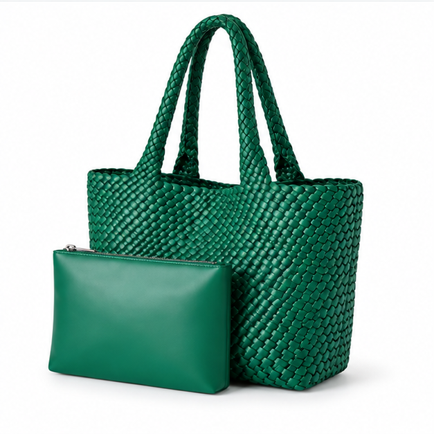 Dark Green Woven Tote Matching Pouch