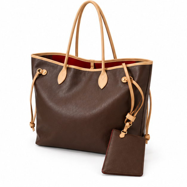 Classic Brown Leather Tote With Pouch