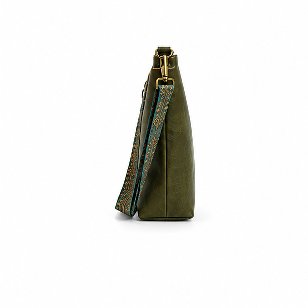 Green Boho Shoulder Bag with Woven Strap