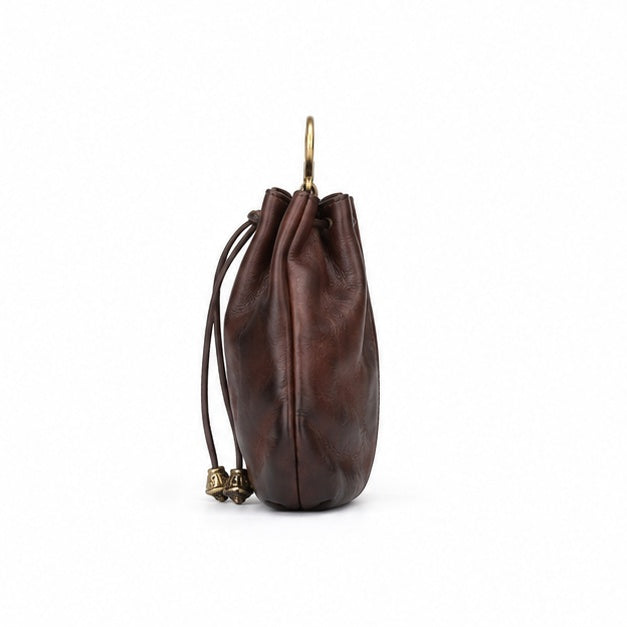 Vintage Brown Leather Drawstring Key Pouch
