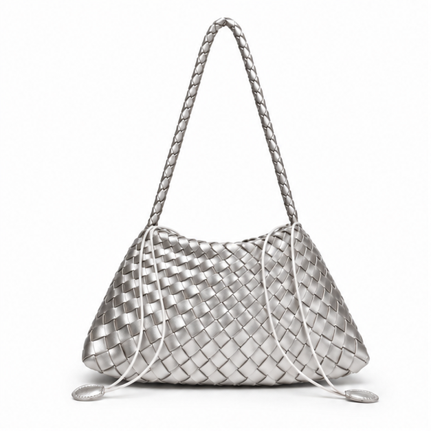 Silver Woven Shoulder Bag With Strap