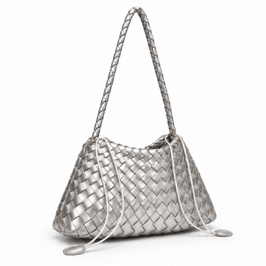 Silver Woven Shoulder Bag With Strap