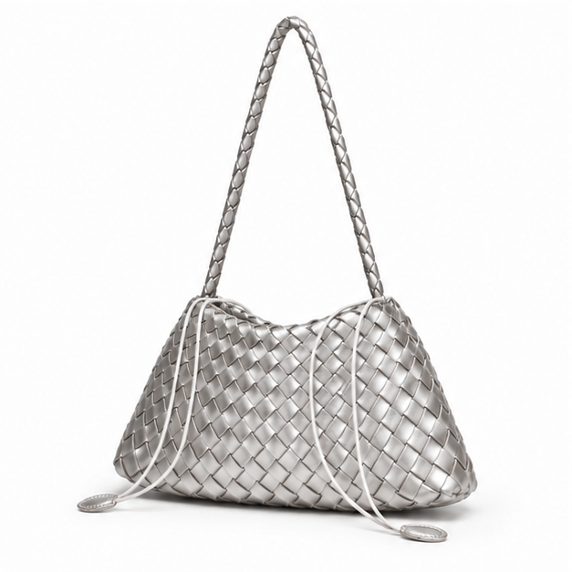 Silver Woven Shoulder Bag With Strap