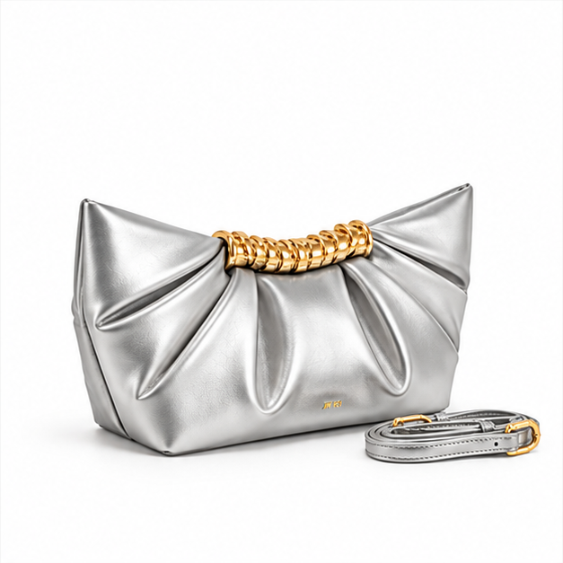 Silver Pleated Gold Accent Evening Clutch Bag