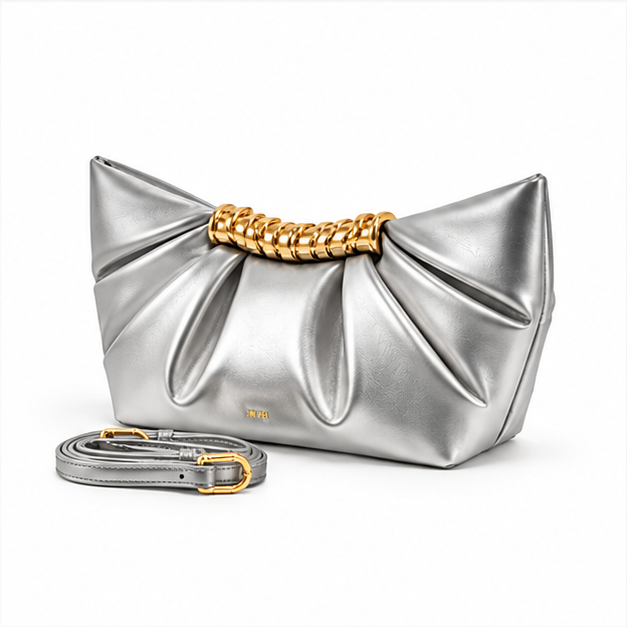 Silver Pleated Gold Accent Evening Clutch Bag
