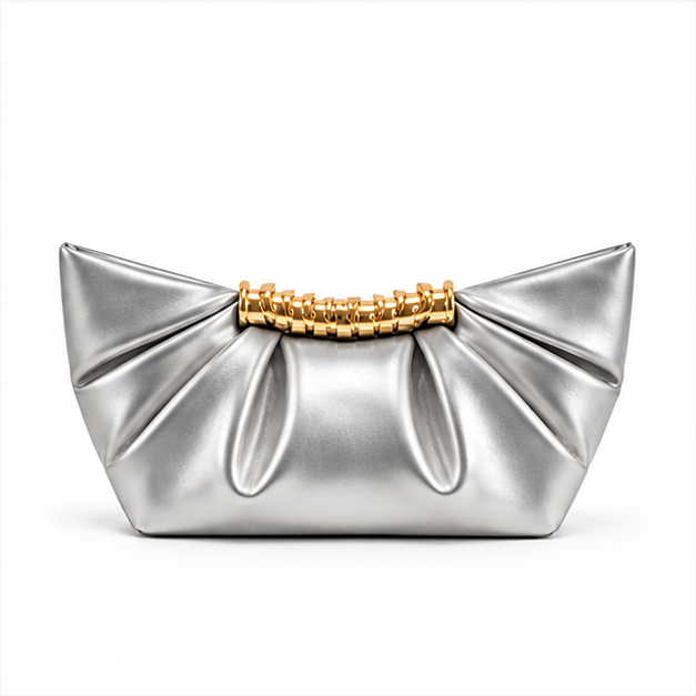 Silver Pleated Gold Accent Evening Clutch Bag