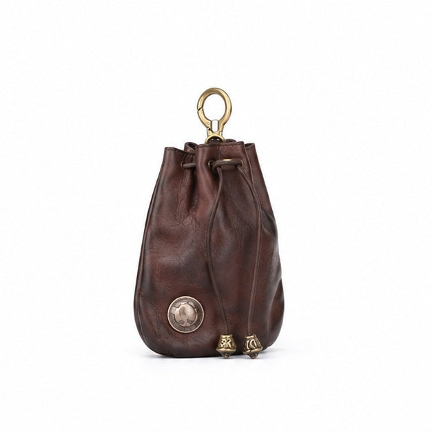 Vintage Brown Leather Drawstring Key Pouch