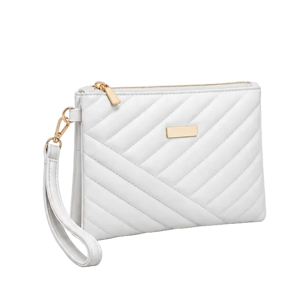 White Quilted Wristlet Clutch Bag Purse