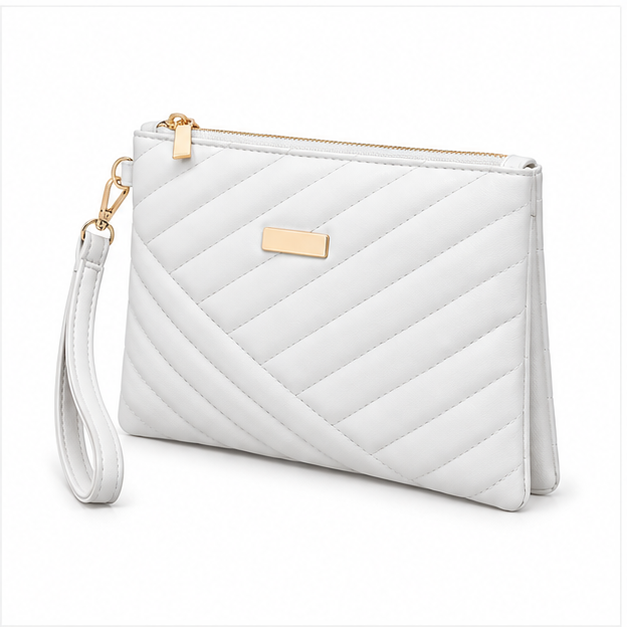 White Quilted Wristlet Clutch Bag Purse