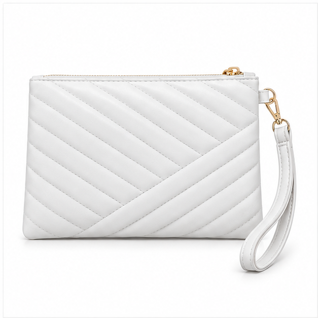 White Quilted Wristlet Clutch Bag Purse