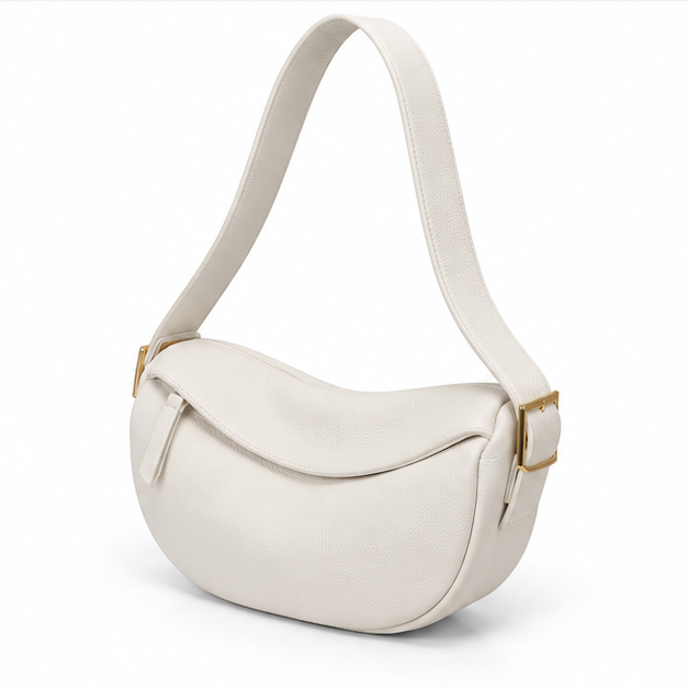 White Crescent Shoulder Bag With Zipper