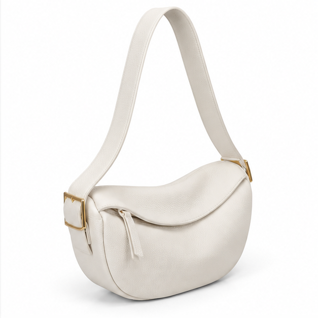 White Crescent Shoulder Bag With Zipper