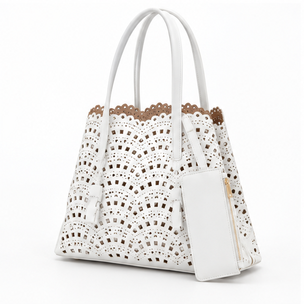 Elegant White Laser Cut Tote Handbag